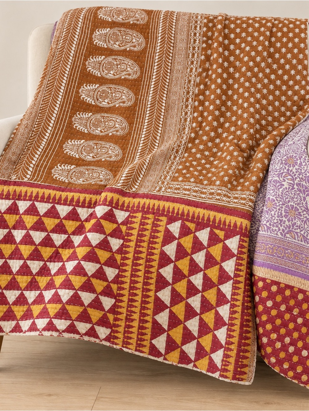 Reversible Kantha Quilt Queen Boho 87x100
